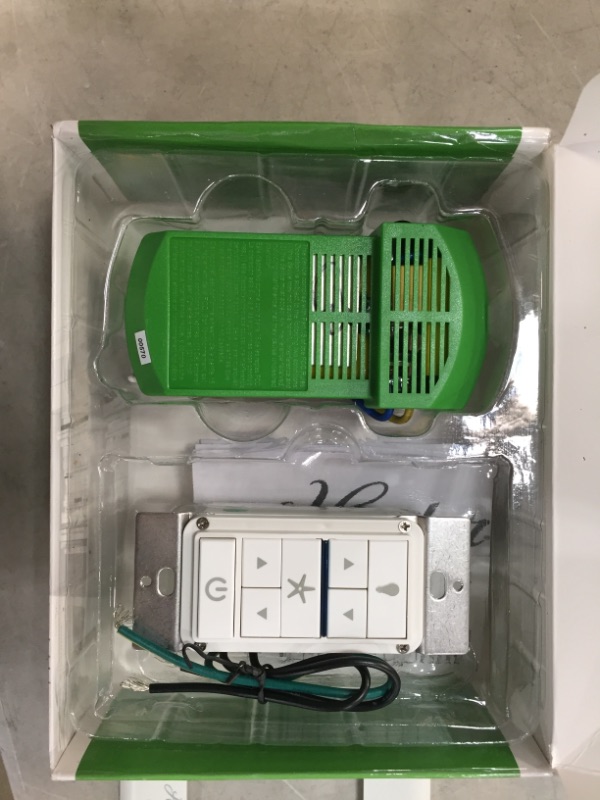 Photo 1 of Universal Damp Rated Ceiling Fan Wall Remote Control White
AS IS USED, MISSING HARDWARE, PLEASE SEE PHOTOS, MINOR COSMETIC MARK ON LIGHT FRONT 
