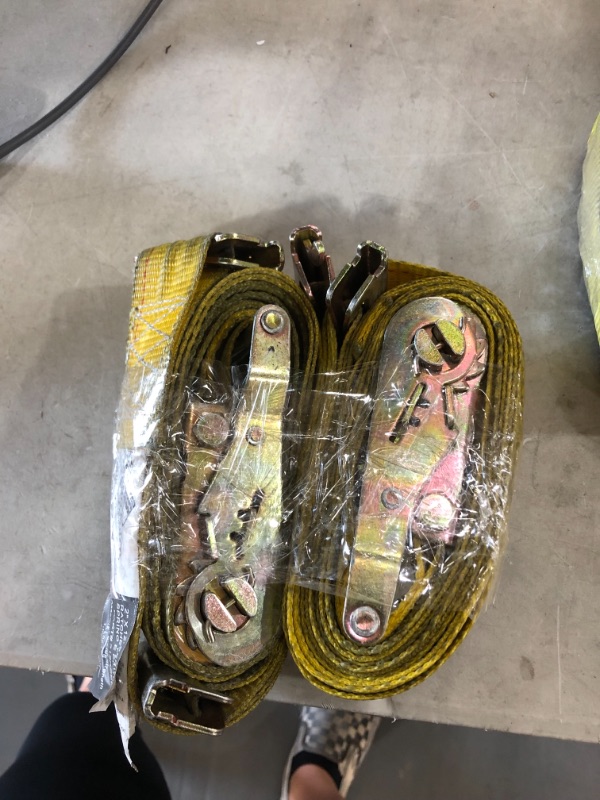 Photo 1 of 2" x 12' E-Track Ratchet Strap, Durable Ratcheting Strap Cargo TieDown, Heavy Duty Yellow Polyester Truck Tie-Down, w/ETrack Spring Fittings, Tie Down Motorcycles, Kayaks, Trailer Loads
2 RATCHET STRAPS INCLUDED, AS IS USED, MINOR WEAR AND TEAR FROM PREVI