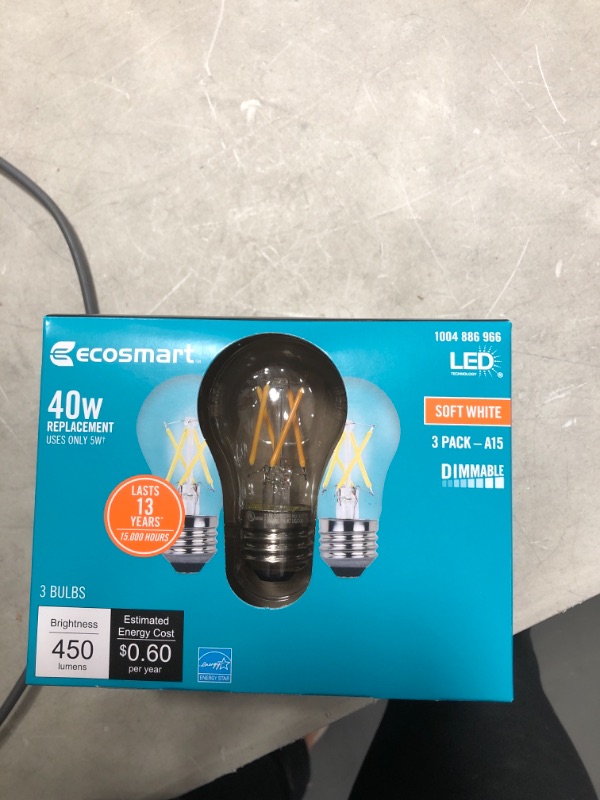 Photo 3 of 40-Watt Equivalent A15 Dimmable ENERGY STAR Clear Glass Filament Vintage Edison LED Light Bulb Bright White (3-Pack)
(2 BOXES, 6 LIGHT BULBS PLEASE SEE PHOTOS) 