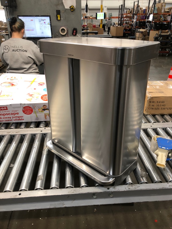 Photo 2 of 58-Liter Nano-Silver Clear Coat Brushed Stainless Steel Dual Compartment Rectangular Recycling Step-On Trash Can