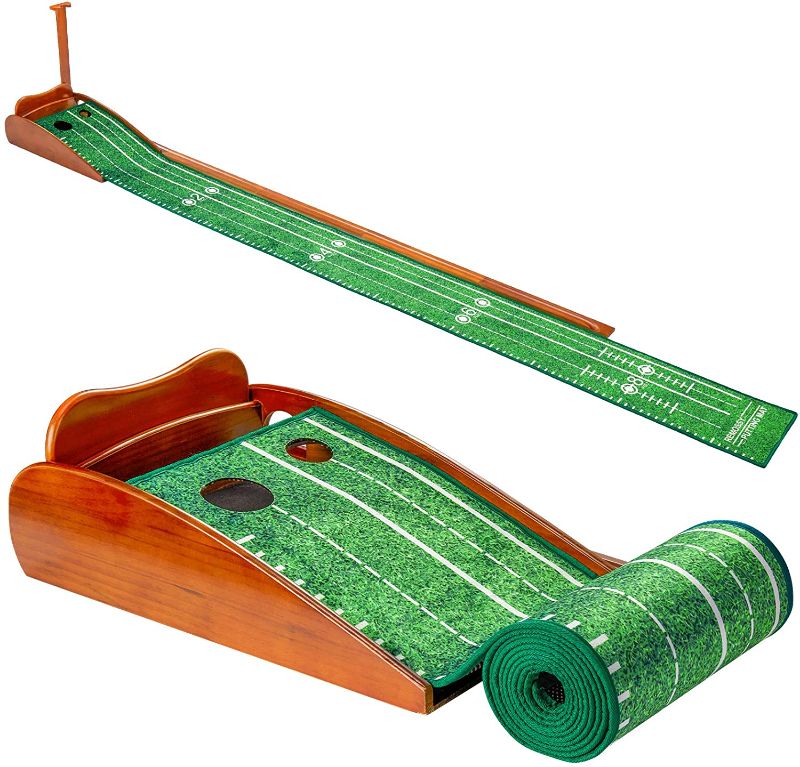 Photo 1 of REMOSSY Wood Golf Putting Green Mat with Auto Ball Return System Wooden Base Indoor Golf Putting Practice Mat Equipment and Assistant for Home Office Backyard Indoor Outdoor Use - 8 Feet
