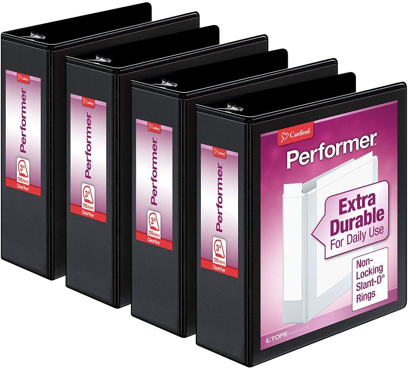 Photo 1 of Cardinal Performer 3-Ring Binders, 3", Non-Locking Slant-D Rings, 725-Sheet Capacity, ClearVue Presentation, Non-Stick, PVC-Free, Black, 4-Pack (27601)
