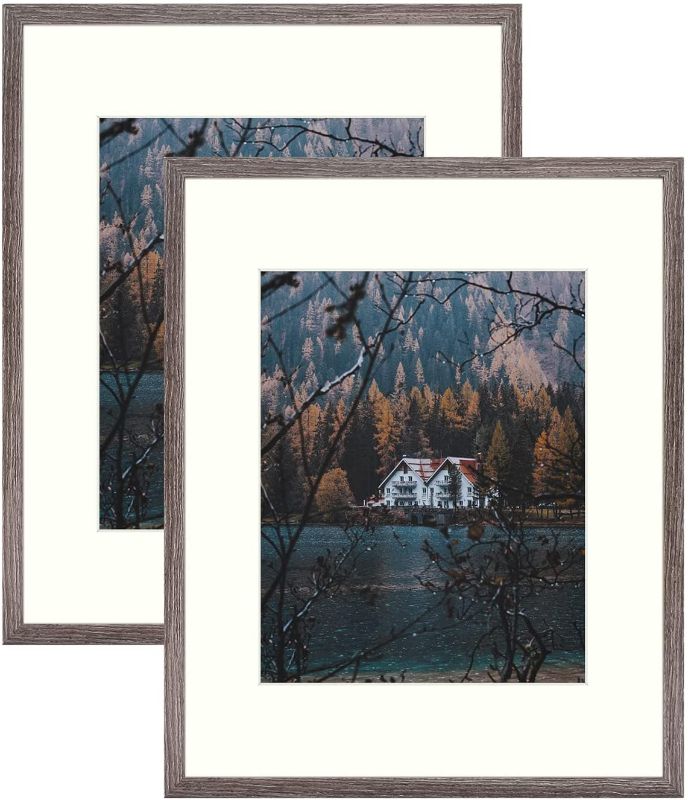 Photo 1 of Frametory, 16x20 Frame for 11x14 Photo Smooth Wood Grain Finish Frame with Ivory Mat for Photo - Includes Sawtooth Hangers and Real Glass - Landscape/Portrait, Wall Display (Grey, 2 Pack)
