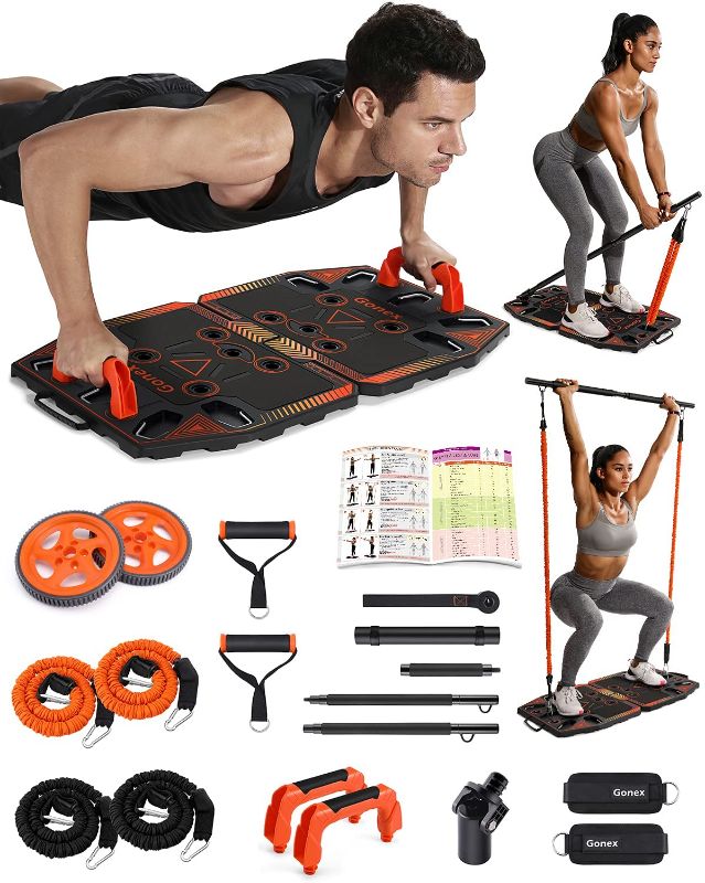 Photo 1 of Gonex Portable Home Gym Workout Equipment with 14 Exercise Accessories Ab Roller Wheel,Elastic Resistance Bands,Push-up Stand,Post Landmine Sleeve and More for Full Body Workouts System
**PREVIOUSLY OPENED, INCOMPLETE**