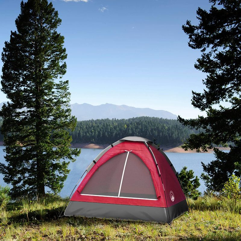 Photo 1 of 2-Person Tent, Dome Tents for Camping with Carry Bag by Wakeman Outdoors (Camping Gear for Hiking, Backpacking, and Traveling) - RED , 6.25’ x 4.80’ x 3.50’
**PREVIOUSLY USED, MINOR  CUT**
