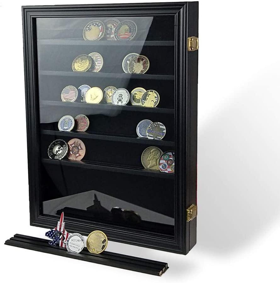 Photo 1 of AtSKnSK Military Challenge Coin Display Case Cabinet Collectible Coin Holder Rack Box with Glass Door 7 Rows, Black
