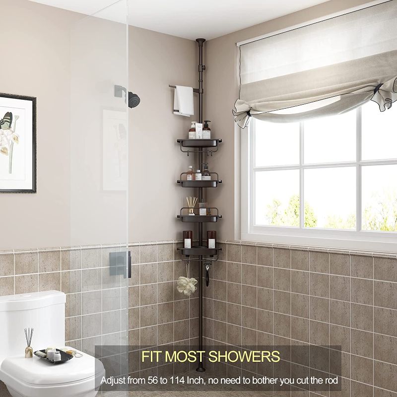 Photo 1 of ALLZONE Shower Caddy Corner Organizer for Bathroom,Bathtub Shampoo Storage Holder Rack with Rustproof Stainless Tension Pole,4-Tier Adjustable Shelves,Stand on Floor,56-114 Inches Height,Brown
**PREVIOUSLY USED**