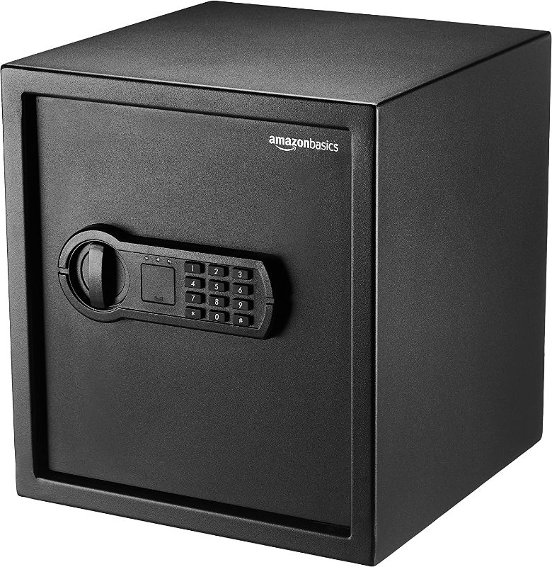 Photo 1 of Amazon Basics Steel Home Security Safe with Programmable Keypad - Secure Documents, Jewelry, Valuables - 1.2 Cubic Feet, 13 x 13 x 14.2 Inches, Black
**SAFE DOES NOT OPEN AND IS SLIGHTLY WARPED, DOOR DOES NOT OPEN**
**PARTS ONLY**