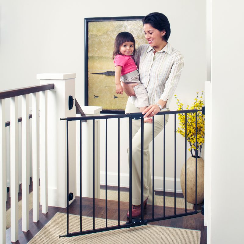 Photo 1 of BABELIO 26-40 Inch Easy Install Extra Wide Pressure Mounted Metal Baby Gate, No Drilling, No Tools Required, with Wall Protectors and Extenders (Black)
