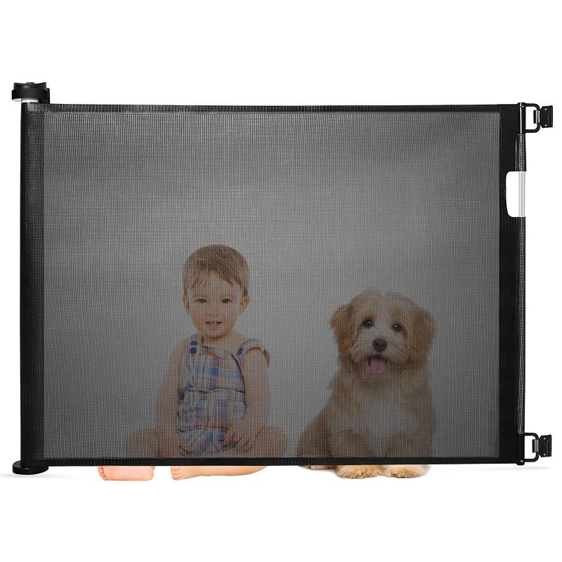 Photo 1 of Baby Gates Retractable, Abaook Safety Baby and Pet Mesh Dog Gate, Extra Wide Safety Retractable Door for Babies Doorways (34" Tall, Extends up to 55'' Wide) Indoor/Outdoor, Black
