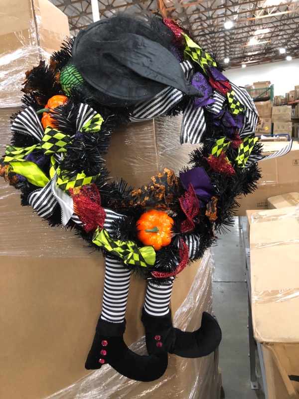 Photo 2 of 12-Inch Witch Pumpkin Halloween Wreath with Legs Artificial Maple Fruit Decoration for The Front Patio to Make a Splash
