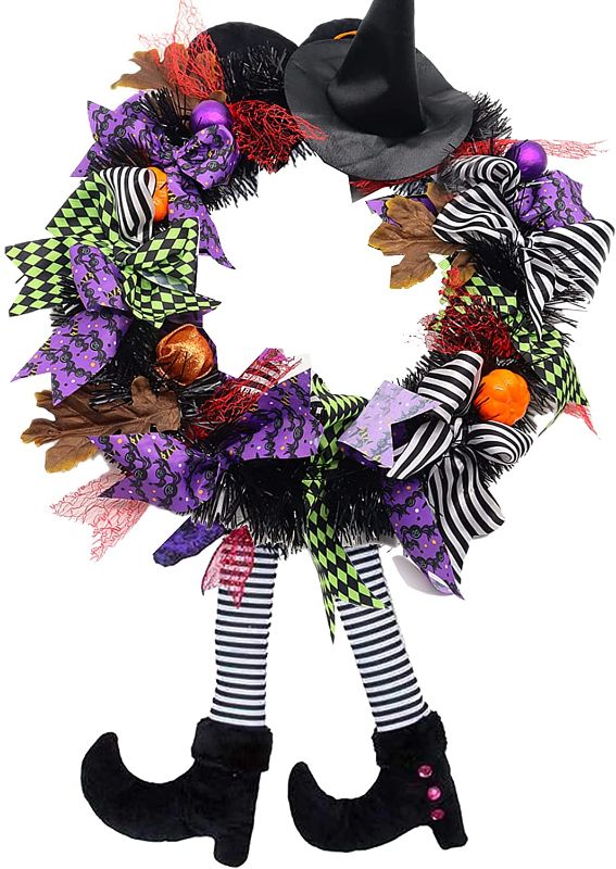 Photo 1 of 12-Inch Witch Pumpkin Halloween Wreath with Legs Artificial Maple Fruit Decoration for The Front Patio to Make a Splash
