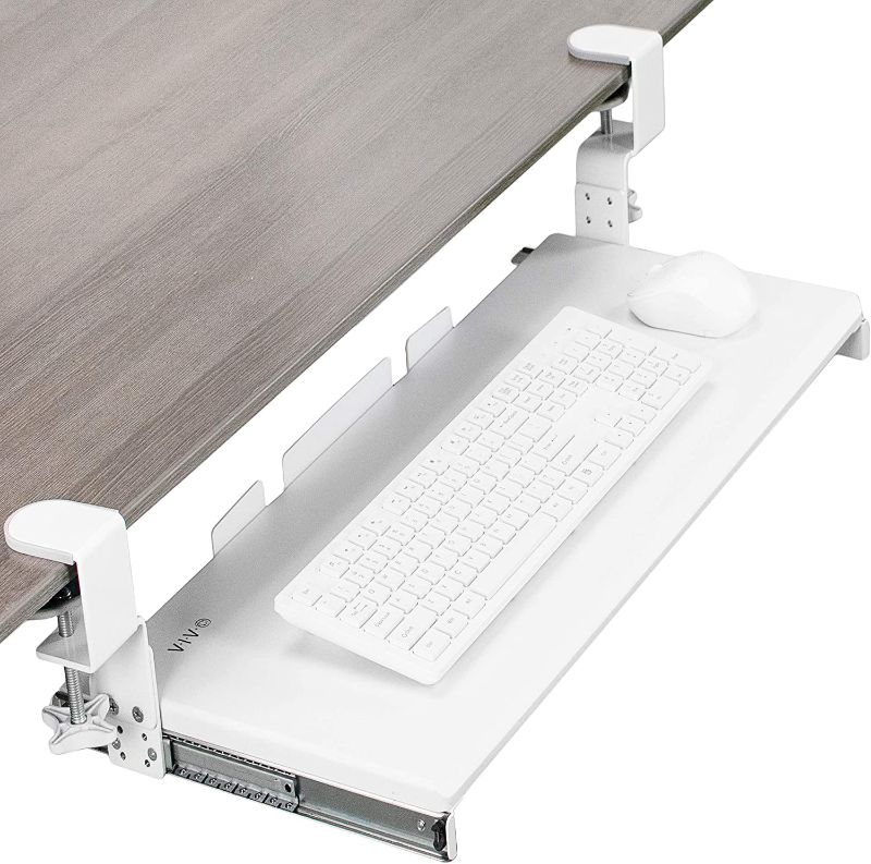 Photo 1 of VIVO Large Under Desk Height Adjustable Ergonomic Keyboard Tray, C-clamp Mount System, 27 (33 Including Clamps) x 11 inch Slide-Out Platform Computer Drawer for Typing, Mouse Work, White, MOUNT-KB05HW
