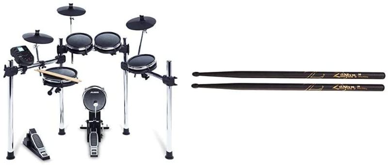 Photo 1 of Alesis Surge Mesh Kit | Eight-Piece Electronic Drum Kit with Mesh Heads | 40 Kits, 385 Sounds, 60 Play-Along Tracks | USB/MIDI Connectivity & Zildjian 5B Nylon Black Drumsticks
