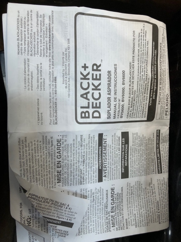 Photo 1 of BLACK+DECKER 3-in-1 Electric Leaf Blower with Leaf Blower Vacuum Bags, Disposable (BV6600 & BV-008)
PARTS  ONLY
