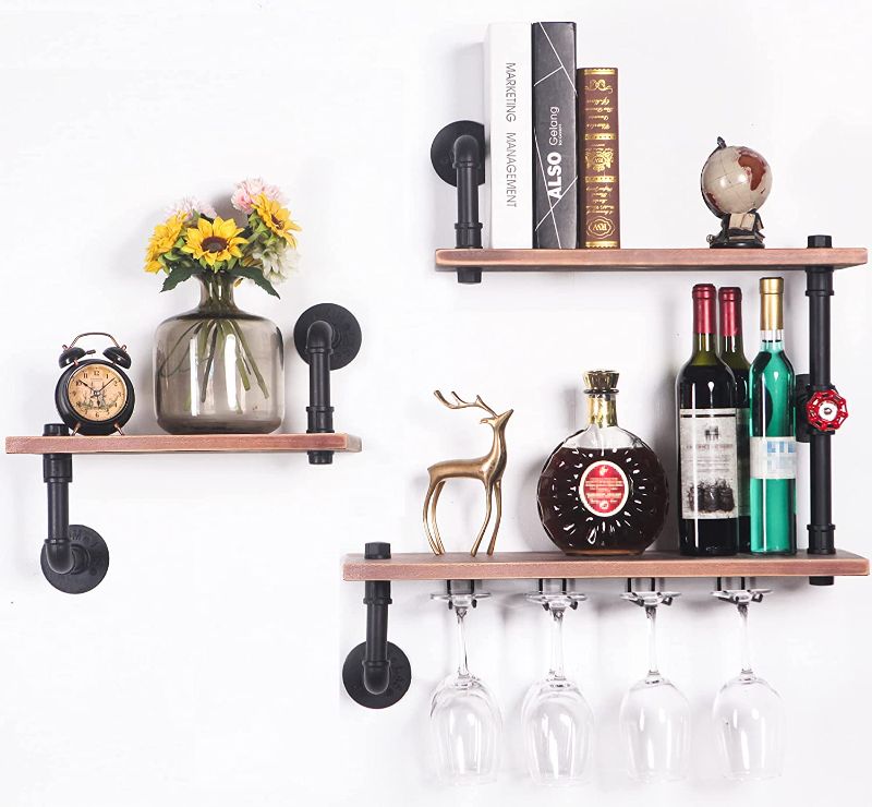 Photo 1 of VEMEST 3 Tier Industrial Pipe Shelving Wall Mounted, Rustic Metal Storage Floating Shelves for Bedroom, Living Room, Bathroom, Farmhouse Kitchen Bar...
