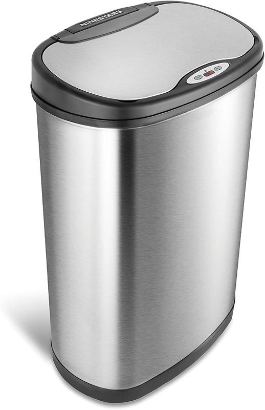 Photo 1 of 13 Automatic Touchless Motion Sensor Oval Trash Can with Black Top, 13 gallon/50 L, Stainless Steel