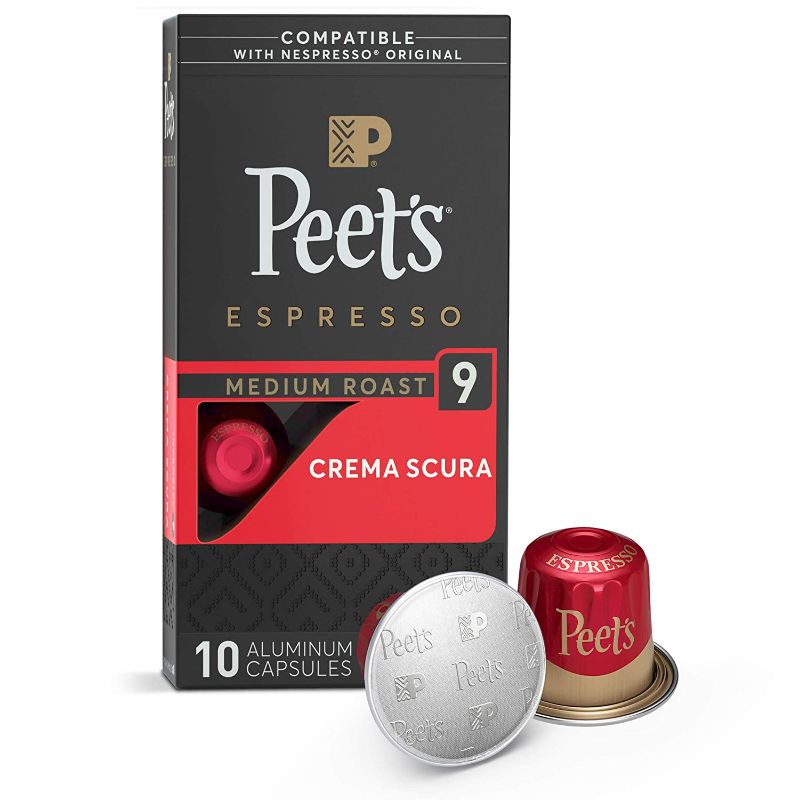 Photo 1 of 5 BOXES of 5 pack
 Peet's Coffee Espresso Capsules Crema Scura, Intensity 9, 10 Count Single Cup Coffee Pods Compatible with Nespresso Original Brewers
Best Before 10/07/2021
