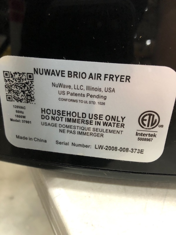 Photo 7 of ***PARTS ONLY***, item turns on but does not heat
Nuwave Brio 6-Quart Digital Air Fryer with one-touch digital controls