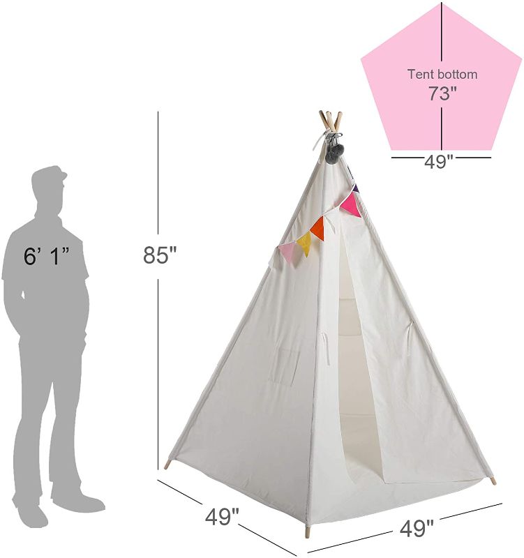 Photo 1 of CO-Z Teepee Play Tent Foldable for Kids with Banners - Super Large, for at Least 2 Children - CPST Certificated (5 Poles - 85 Inches Height - Tarp Bottom)
