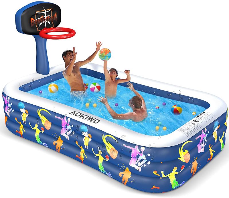 Photo 1 of AOKIWO Inflatable Swimming Pool with Basketball Stands, 118" X 72" X 20" Full-Sized Family Inflatable Lounge Pool Kiddie Pool for Kids, Kiddie, Adults, Infant, Garden, Backyard
