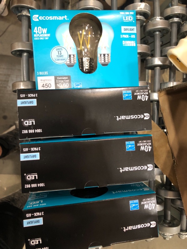 Photo 2 of 40-Watt Equivalent A15 Dimmable ENERGY STAR Clear Glass Decorative Filament Vintage LED Light Bulb Daylight (3-Pack)
4 boxes.