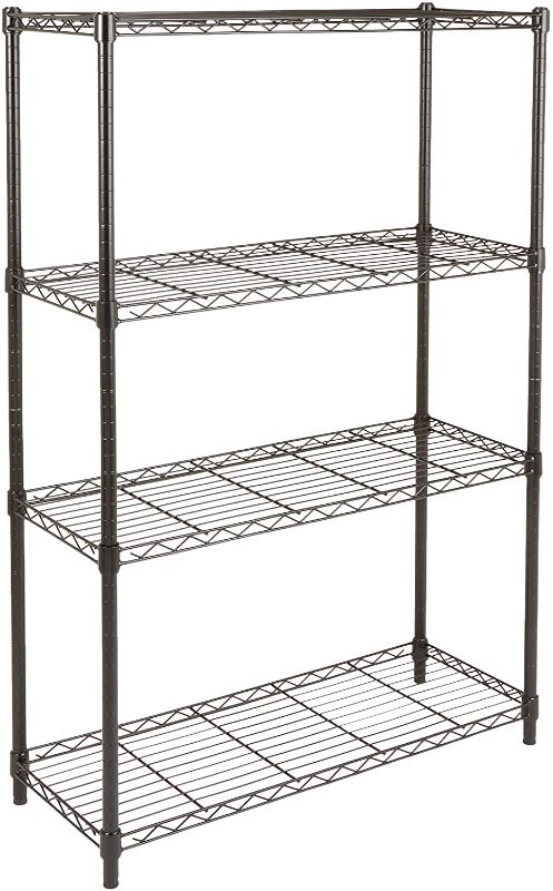 Photo 1 of Amazon Basics 4-Shelf Adjustable, Heavy Duty Storage Shelving Unit (350 lbs loading capacity per shelf), Steel Organizer Wire Rack, Black (36L x 14W x 54H) MISSING 9 BARS AND FEET.