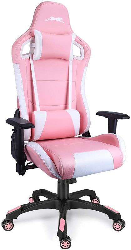 Photo 1 of Leopard Gaming Chair, High Back PU Leather Office Chair, Adjustable Video Gaming Chairs, Swivel Racing Chair with Adjustable Armrest (White/Pink) DIRTY MISSING HARDWARE.
