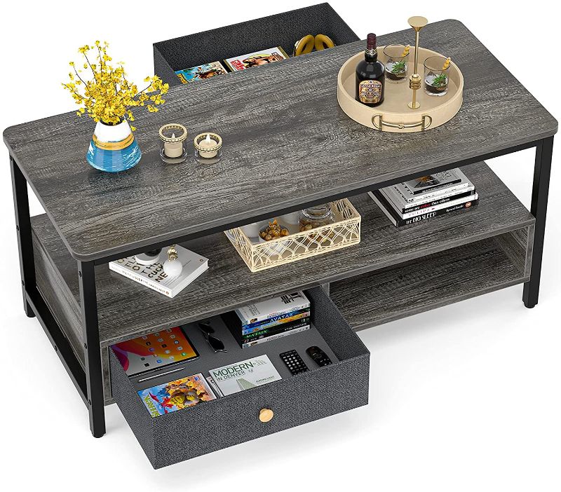 Photo 1 of Armocity Coffee Table with Storage Drawers, Modern Coffee Table for Living Room, Center Table for Living Room with Double Storage Shelves, Metal Frame, Easy Assemble, Grey Oak
