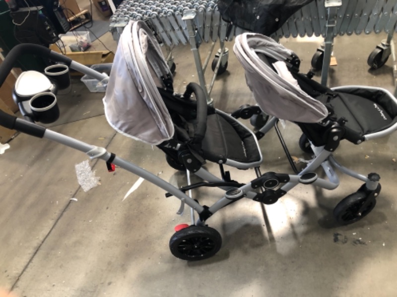 Photo 2 of Dream On Me, Track Tandem Stroller- Face to Face Edition in Light Grey, Gray MISSING ONE SAFETY RAIL FOR ONE SEAT, MISSING WHEEL LOCKS TOLD KEEP WHEELS ON.
