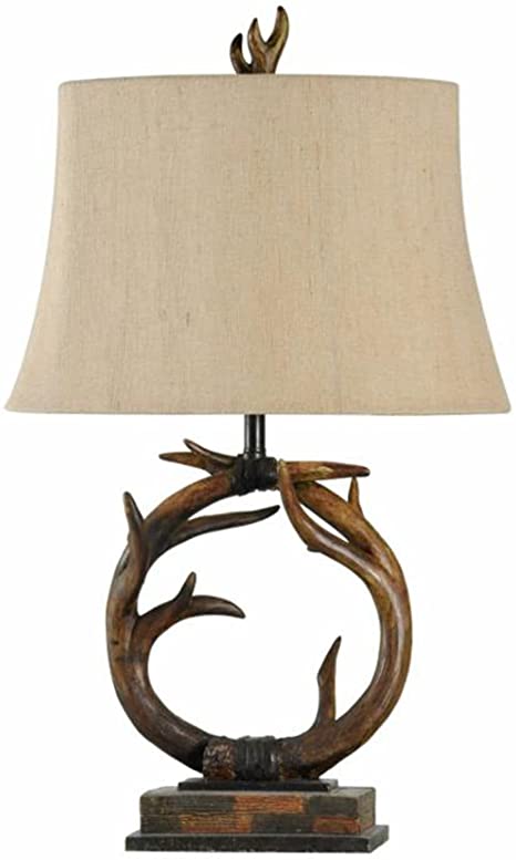 Photo 1 of StyleCraft Signature 30 Inch 150 Watt Rustic Style Antler Desktop Table Lamp Portable Accent Light with Beige Fabric Shade, Dark Brown
