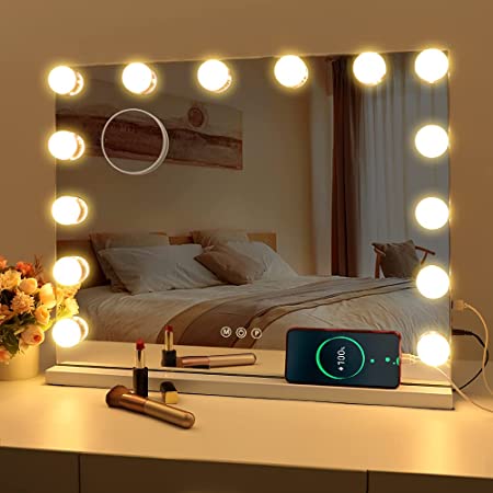 Photo 1 of **MISSING THE CORD**FENCHILIN Vanity Mirror with Lights, Hollywood Lighted Makeup Mirror with 14 Dimmable LED Bulbs for Dressing Room & Bedroom, Tabletop or Wall-Mounted, Slim Metal Frame Design (White)
**MINOR COSMETIC DAMAGE TO A LIGHT BULB** MISSING TH