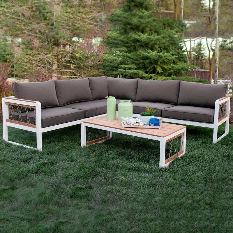 Photo 1 of ***MISSING HARDWARE/BOX 2 OF 2*** Walker Edison Harbor Modern 4 Piece Teak Wood and Metal Outdoor Modular Sectional with Knotted Rope Accents, Set of 4, White and Grey
