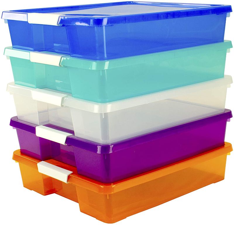 Photo 1 of Storex Classroom Project Box – Stacking Plastic Organizer Fits 12x12 Scrapbooking Paper, Assorted STEAM Colors, 5-Pack (63202C05C)
