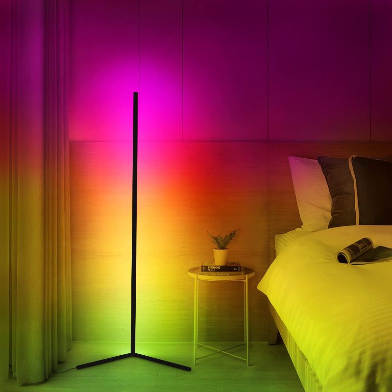 Photo 1 of DENGALA RGB Corner Floor Lamp - Random Effects & Solid Color - Touch-Sensitive Remote - Dimmable LED Colorful Corner Light for Gaming Room, Living Room, 20W - Black
