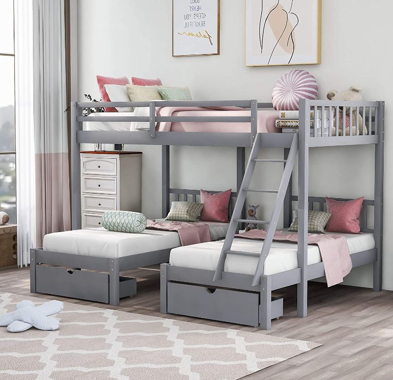 Photo 1 of  Wood Triple Drawers and Guardrails, Full Over Twin & Twin Bunk Bed for Kids, Teens, Adults, Space Saving, Gray
complete set box 1,2 and 3