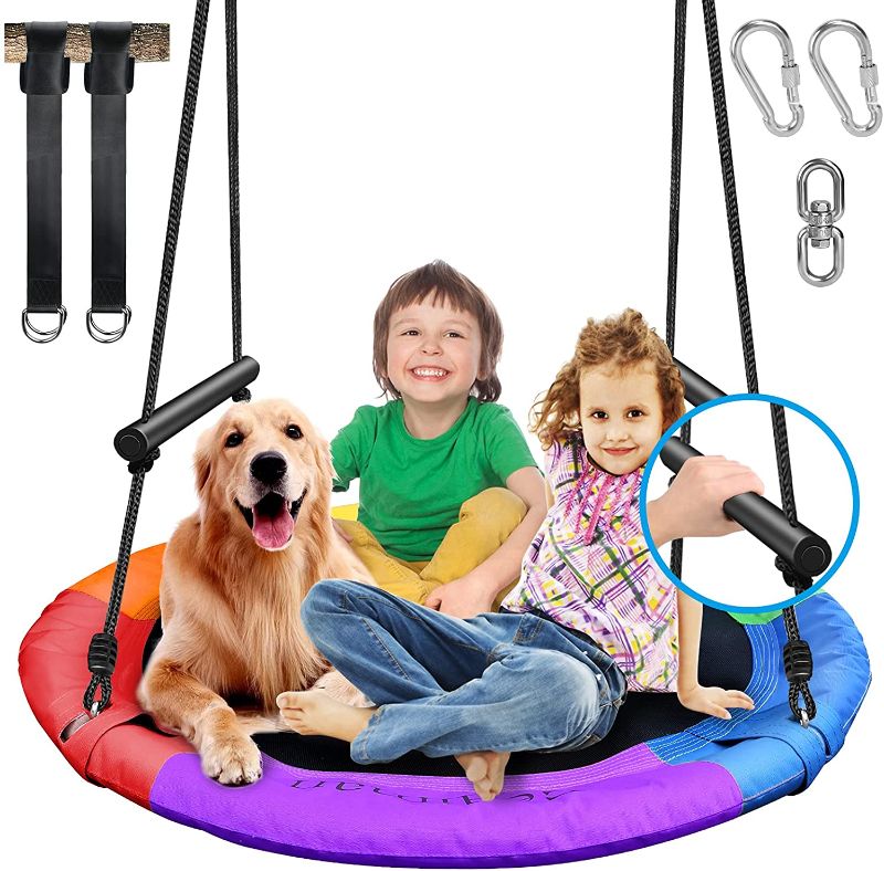Photo 1 of 700lb 40" Saucer Tree Swing for Kids Adults, 900D Waterproof Oxford Seat, 1 Swivel for 360° Rotation, 2 Foam Handles for Safety, 2pcs 10ft Tree Hanging Straps
//LOOSED COMPONENTS/HARDWARE 