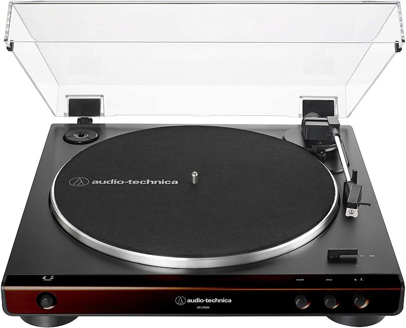 Photo 1 of Audio-Technica At-LP60X-BW Fully Automatic Belt-Drive Stereo Turntable, Hi-Fi, 2 Speed, Dust Cover, Anti-Resonance, Die-Cast Aluminum Platter Brown
//lid is broken //tested power on //loosed components 
