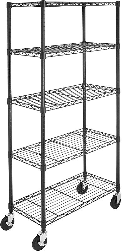 Photo 1 of Amazon Basics 5-Shelf Adjustable, Heavy Duty Storage Shelving Unit on 4'' Wheel Casters, Metal Organizer Wire Rack, Black (30L x 14W x 64.75H)
