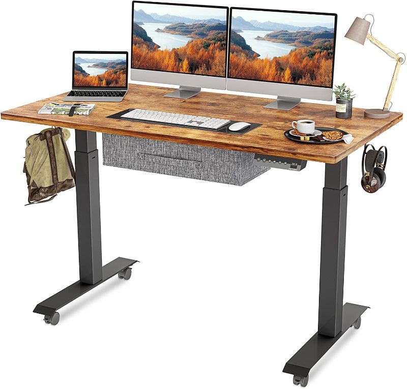 Photo 1 of FEZIBO Electric Height Adjustable Standing Desk with Drawer, 48 Inches Splice Board, Black Frame/Rustic Brown Top
