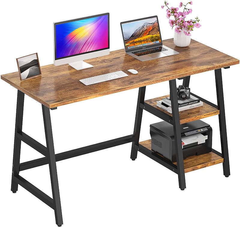 Photo 1 of Trestle Computer Desk 55 Inch, Foxemart Writing Home Office Hutch Workstation Table with Shelf Storage, 2 Tiers Study Modern Simple Laptop Desk Space-Saving Work Table, Easy to Assemble, Rustic Brown
