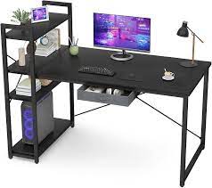 Photo 1 of Armocity Computer Desk with Storage Shelves 47 Inch Desk with Storage Drawers 2 Person Desk with Reversible Bookshelves Study Writing Table for Home Office Workstation Bedroom Small Space, black