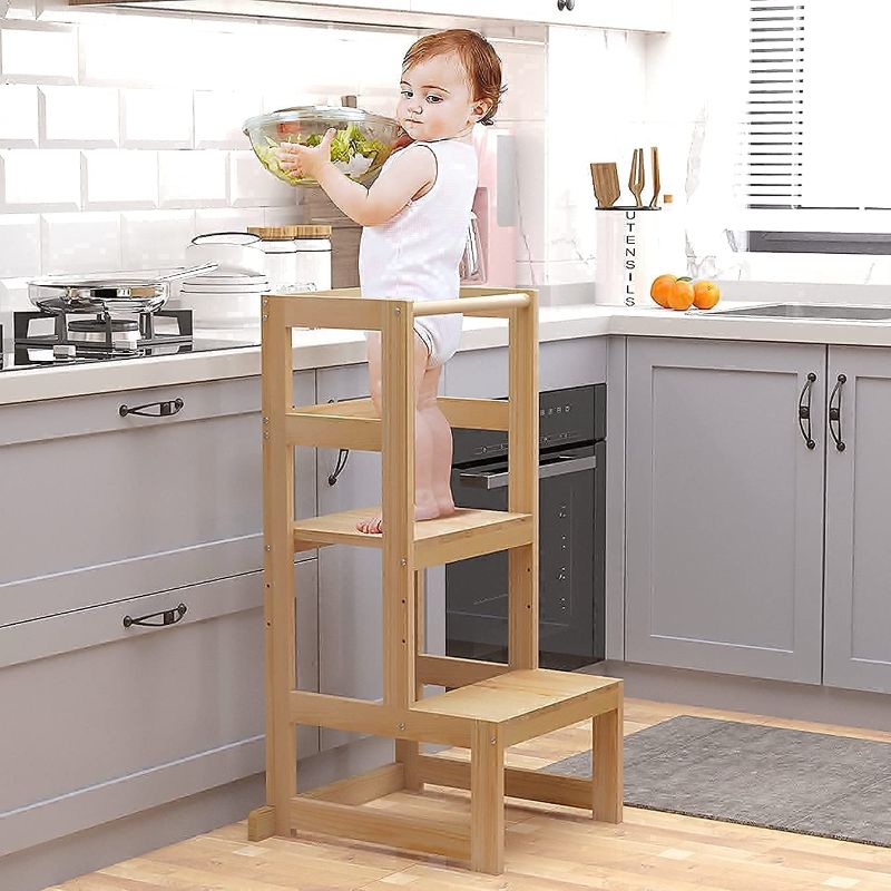 Photo 1 of AMBIRD Toddler Step Stool, 3 Adjustable Height Kitchen Step Stool for 18-48 Months Kids, Wooden Toddler Kitchen Stool with Rail & Non-Slip Mat for Kitchen & Bathroom Sink (Natural Color)
//some missing hardware