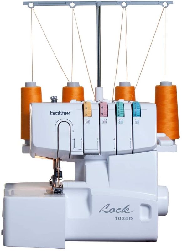 Photo 1 of Brother Serger, 1034D, Heavy-Duty Metal Frame Overlock Machine, 1,300 Stitches Per Minute, Removeable Trim Trap, 3 Included Accessory Feet,White
//TESTED POWER ON 