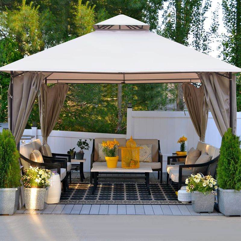 Photo 1 of ***COVER PHOTO FOR REFERANCE*** Gazebo for Patios 10x10 ft Square Tent Double Roof Tops with Curtain Screens for Outdoor Patio Garden Backyard Parties Decks Yard Lawns (Taupe, 10x10)…
