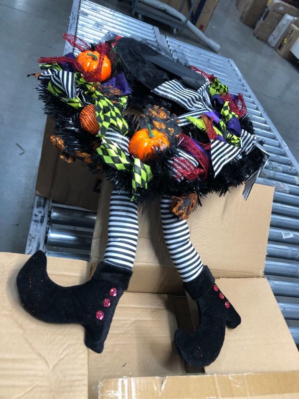 Photo 2 of 12-Inch Witch Pumpkin Halloween Wreath with Legs Artificial Maple Fruit Decoration for The Front Patio to Make a Splash
