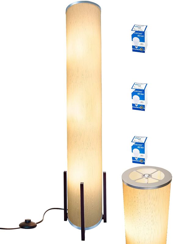 Photo 1 of Amumo Wello 3 Bulb Floor Lamp, Tall Column Modern Floor Lamp for Bedroom Living Room with 3 LED Lights Wood Base, Contemporary Standing Lamp, Large White Linen Shade, 10x10x61 Inch
