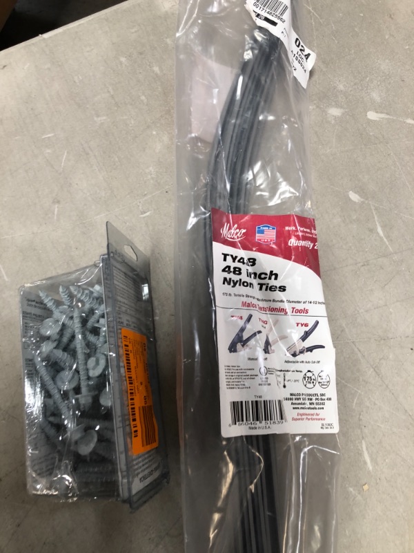 Photo 1 of ***NO RETURNS***NO REFUNDS***
1 x 48" Nylon Tie, 25 Pack (25 Pack)
1 x Tapcon 1/4 in. X 2-1/4 in. Maxi-Set White Hex-Head Concrete Anchors (50-Pack)
