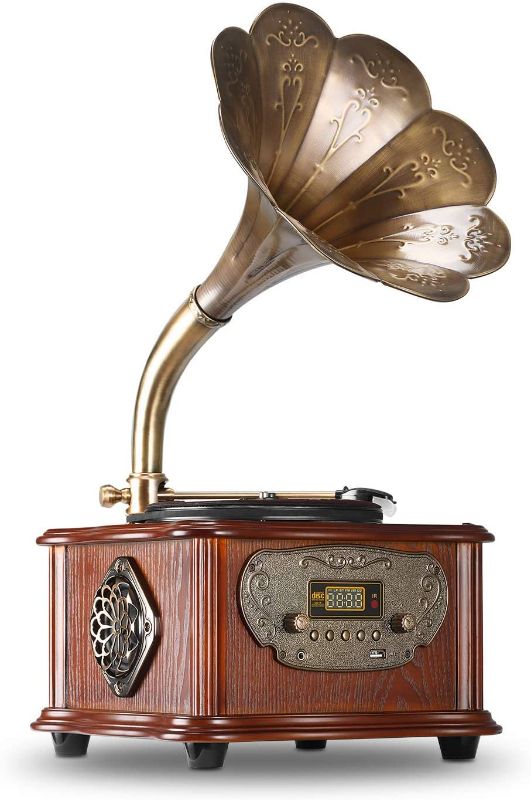 Photo 1 of LuguLake Record Player Retro Turntable All in One Vintage Phonograph Nostalgic Gramophone for LP with Copper Horn, Built-in Speaker 3.5mm Aux-in/USB/FM Radio
