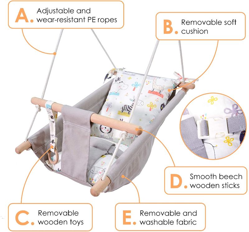 Photo 1 of Baby Swing for Infants and Toddler, Canvas Baby Hammock Swing Indoor and Outdoor with Safety Belt and Mounting Hardware, Wooden Hanging Swing Seat Chair for Baby up to 4 Year - Cute Animal
